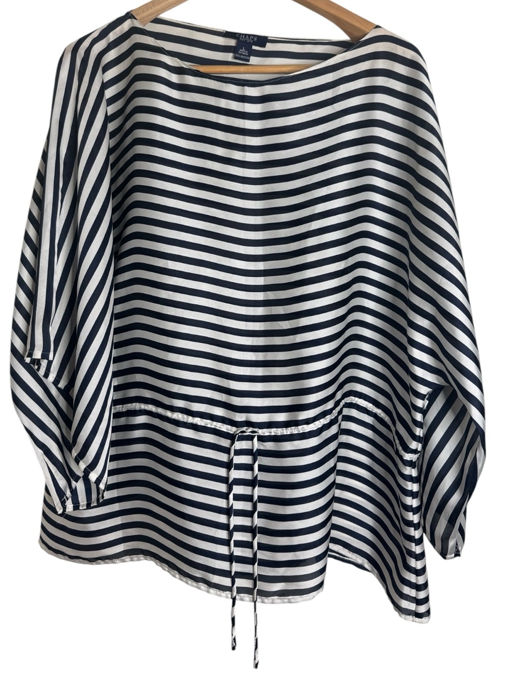 Chaps Nautical Navy White Stripe Drawstring Tunic Top Dolman Sleeves Cover up L